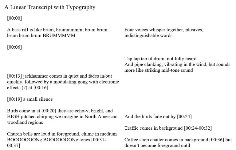 Figure 3. Transcript in Two Columns with Some Typography Choices Such as “BOOONg.”