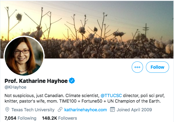 Katharine Hayhoe’s Twitter Bio.