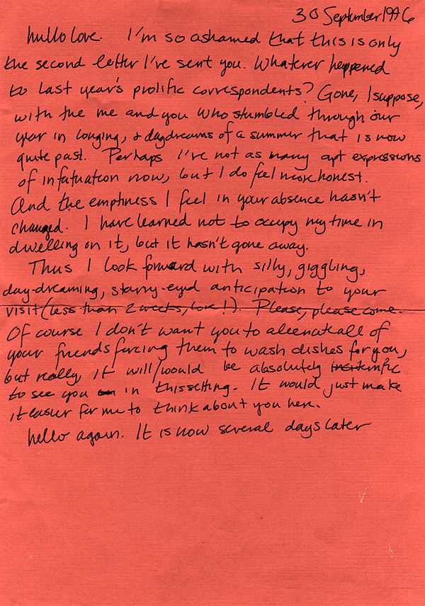 A love letter on orange stationary dated 30 September 1996