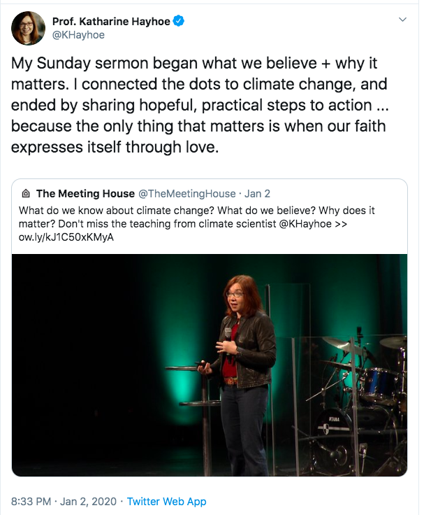 Hayhoe tweet linking to a sermon about climate change she delivered at The Meeting House church.