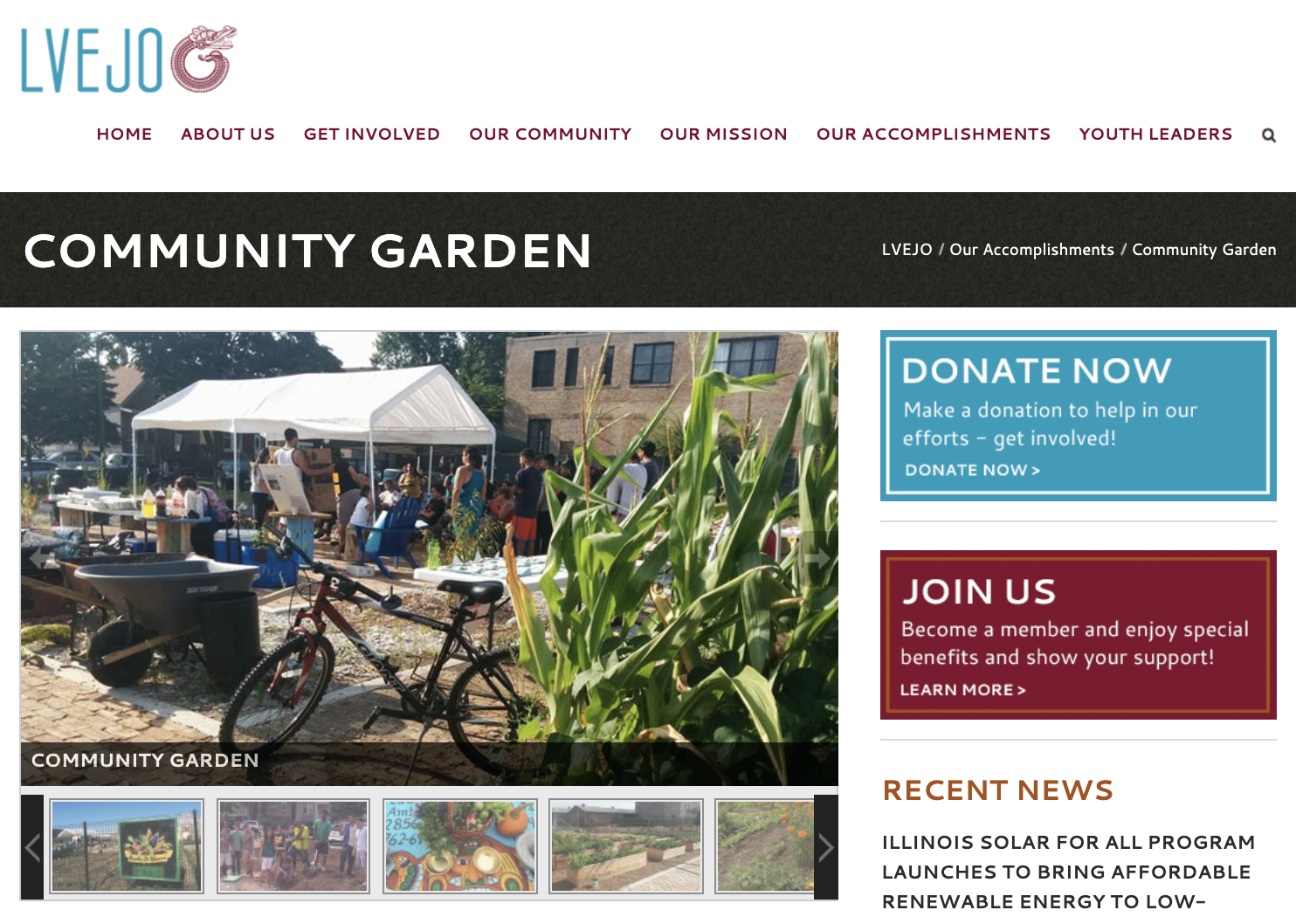 A screen shot of the “Community Garden” section of the LVEJO website.