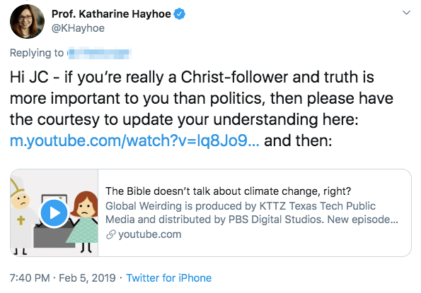 Hayhoe tweet asking JC, a climate denier, to value truth over politics.