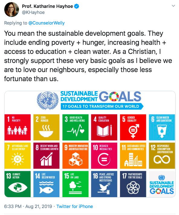 Tweet with graphic listing UN Sustainable Development Goals.