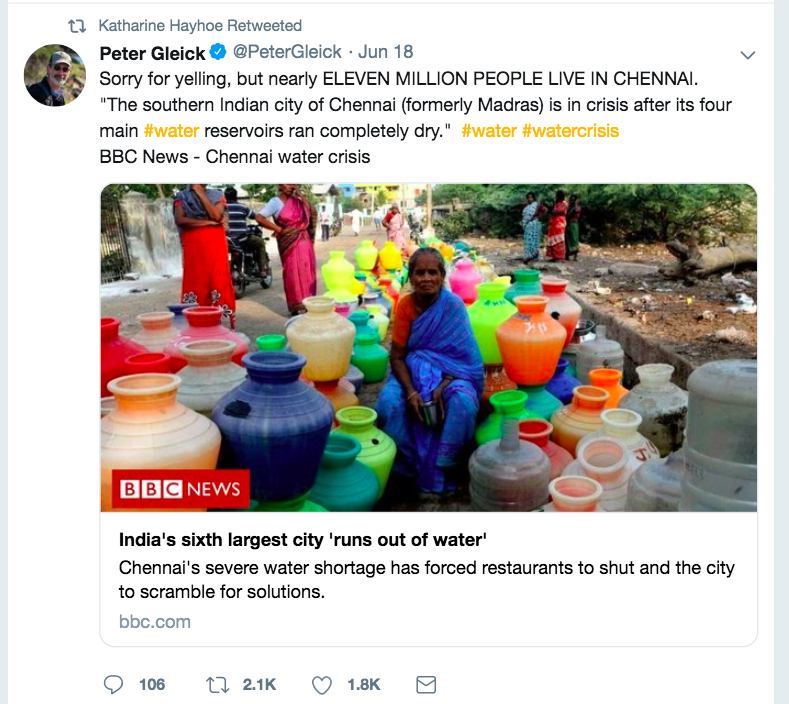Hayhoe’s retweet of Peter Gleick, linking to BBC News article “India’s sixth largest city ‘runs out of water.’”