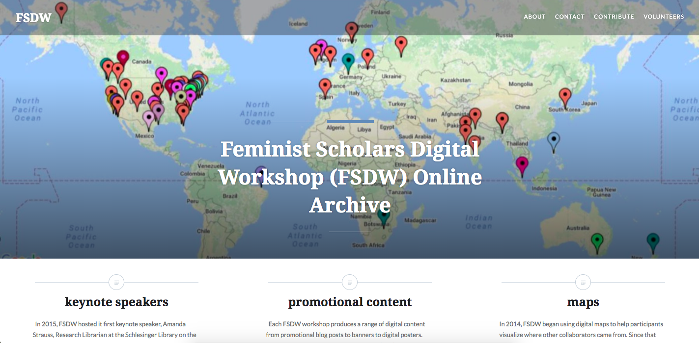 Screen capture of FSDW online archive showing a map pinpointing the locations of FSDW workshops.