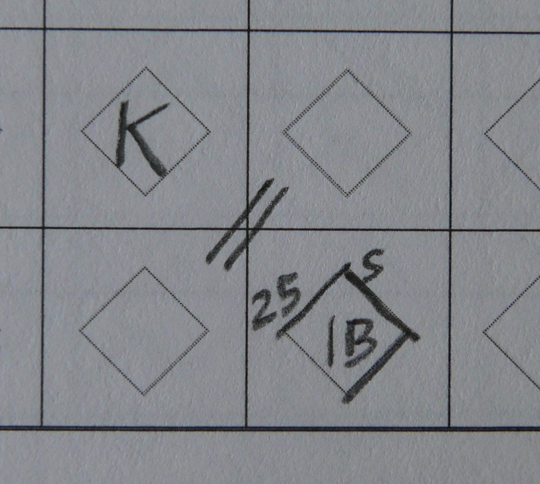 Illustration of a baseball scorebook entry