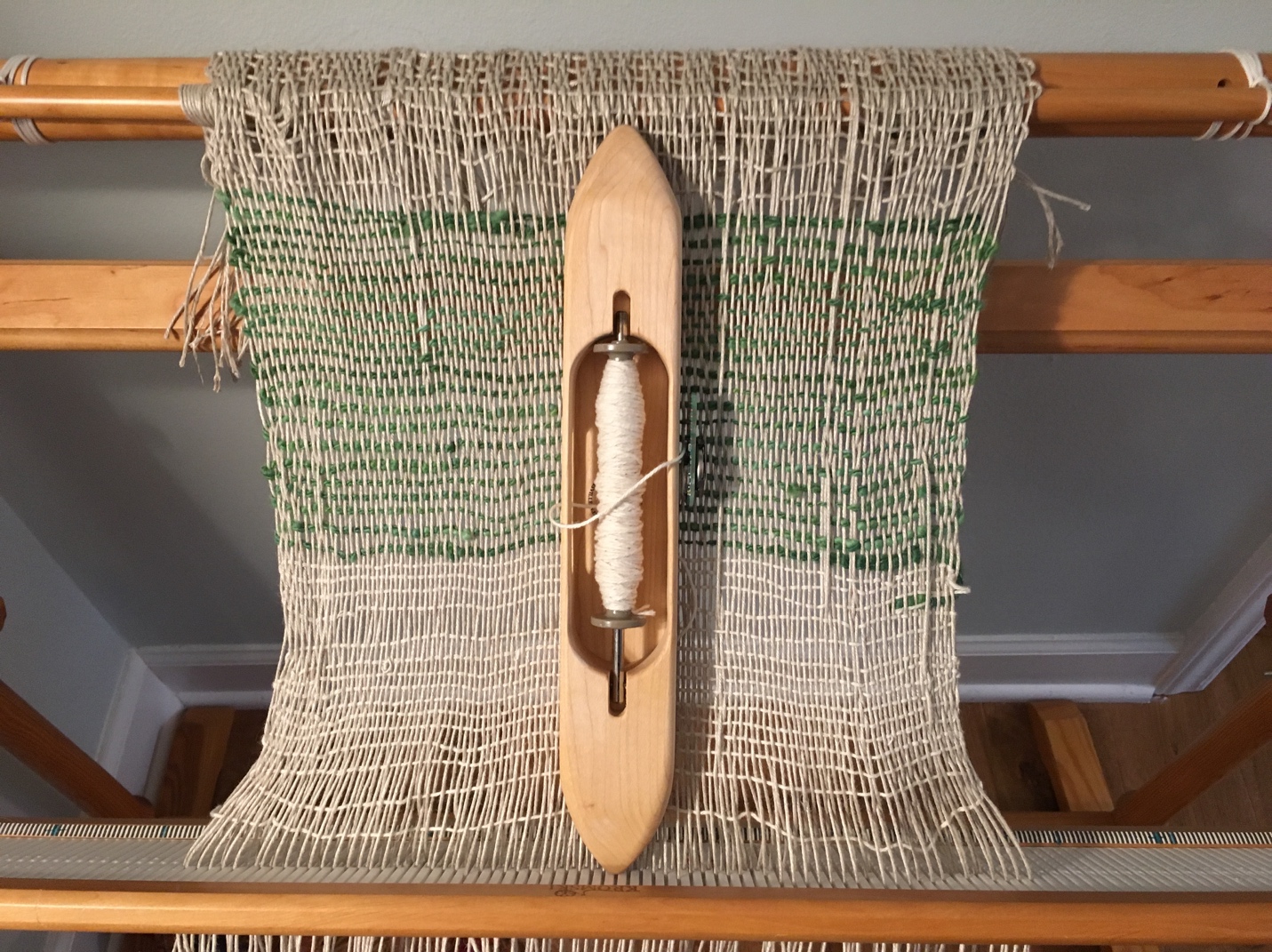 Lachesis. Boat shuttle, rigid heddle loom, and textile.