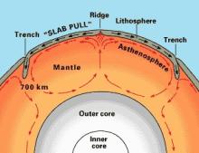 Cross-section of Earth showing circulation of mantle and tectonic plates