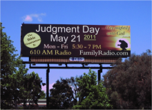 Roadside Bill Board that reads "Judgement Day, May 21, 2011" and "Mon - Fri 5:30 - 7:00 PM FamilyRadio.com"